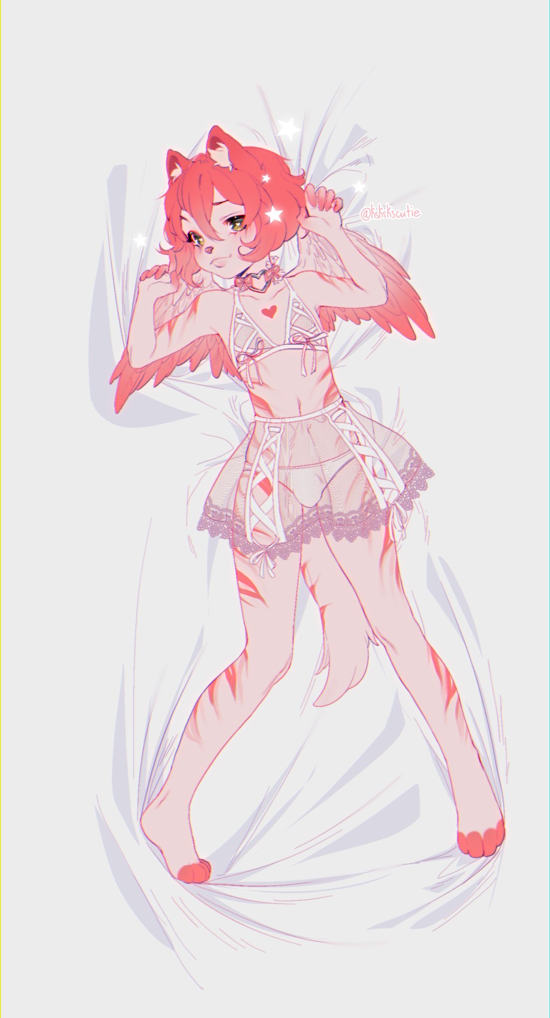 5_fingers anthro artist_name bedding bedding_background bottomwear bulge clothing feathers fingers full-length_portrait fur girly glistening glistening_eyes green_eyes hair hi_res lingerie lying male markings mouth_closed navel on_back panties pink_body pink_fur portrait red_body red_feathers red_hair red_markings red_stripes skirt solo sonyan striped_arms striped_legs stripes underwear white_bottomwear white_clothing white_panties white_skirt white_underwear