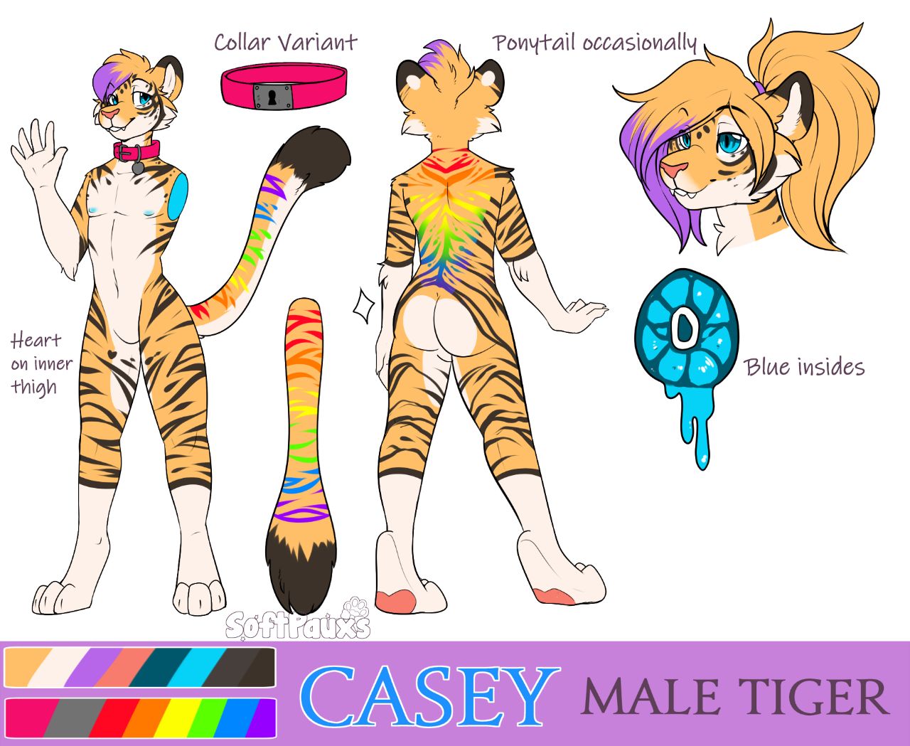 anthro atigernamedcasey casey_(disambiguation) casey_winters caseythetiger collar colorful felid fur girly hair highlights_(coloring) male mammal model_sheet multicolored_tail pantherine ponytail purple_hair rainbow_stripes rainbow_tail short_hair simple_background smile snaggle_tooth softpauxs solo standing striped_body stripes tail tiger