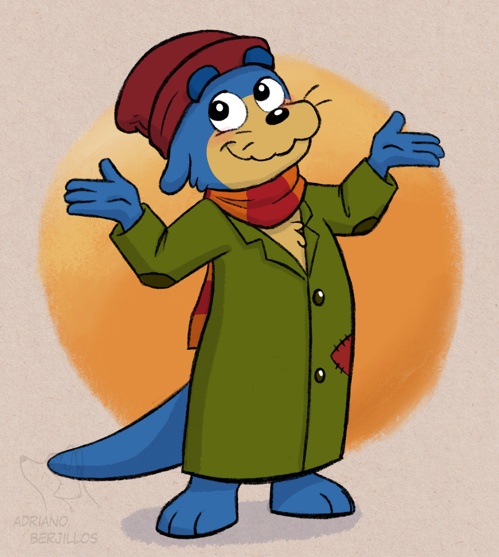 3_toes 4_fingers anthro blue_body blue_fur clothing coat corgi_(artist) feet fingers floppy_ears fur hat headgear headwear male mammal mustelid otter patched_clothing scarf smile solo squatter_otter_(we_baby_bears) tan_body tan_fur toes topwear we_baby_bears whiskers