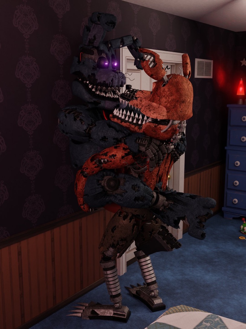 against_surface against_wall animatronic bonnie_(fnaf) canid canine dream duo five_nights_at_freddy's five_nights_at_freddy's_4 fox foxy_(fnaf) humanoid lagomorph leporid machine male male/male mammal nightmare nightmare_bonnie_(fnaf) nightmare_foxy_(fnaf) rabbit robot scottgames sex