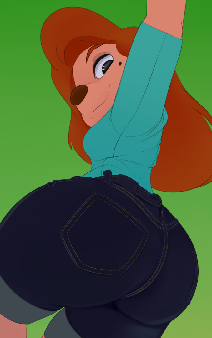 2023 anthro beauty_mark belt big_butt bottomwear breasts brown_nose butt canid canine canis clothing cutoffs denim denim_clothing disney domestic_dog eyebrows female goof_troop green_background hair huge_butt long_hair looking_at_viewer looking_back low-angle_view mammal rear_view red_hair roxanne_(goof_troop) saransaran shirt shorts simple_background small_breasts smile solo t-shirt thick_thighs topwear wide_hips