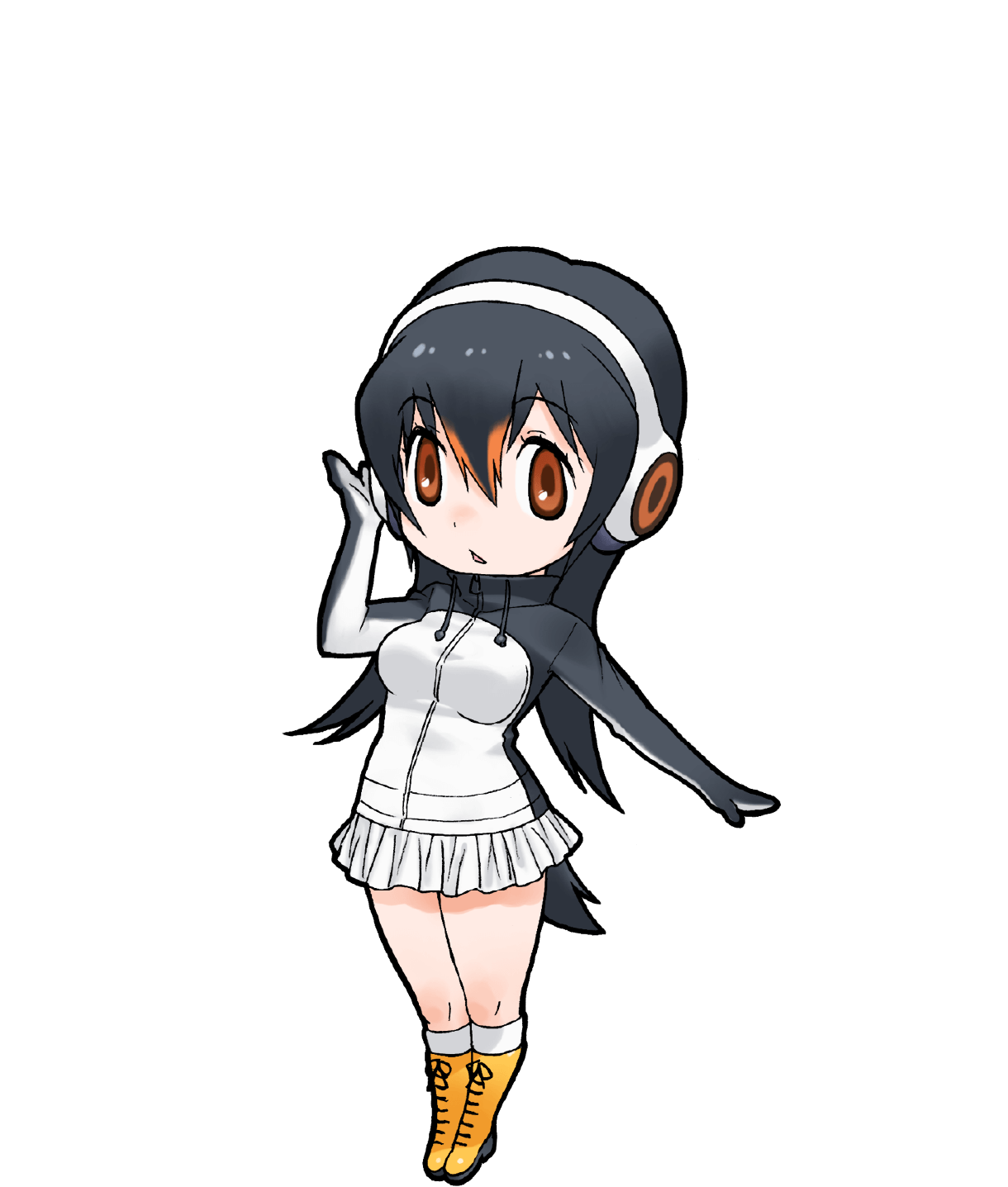 1girl black_hair boots gentoo_penguin_(kemono_friends) gloves headphones highres hood hoodie kemono_friends long_hair looking_at_viewer official_art open_mouth penguin_girl penguin_tail skirt socks solo straight_hair tail transparent_background yoshizaki_mine