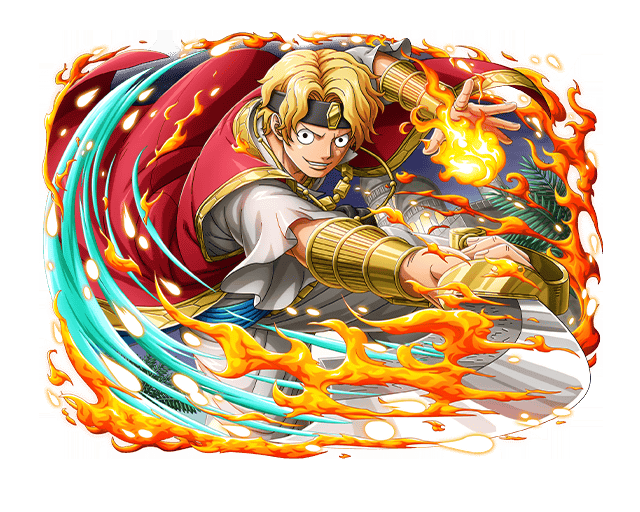 1boy arabian_clothes armor blonde_hair cape fire fireball headband holding holding_sword holding_weapon looking_at_viewer official_art one_piece one_piece_treasure_cruise red_cape sabo_(one_piece) scimitar solo sword teeth vambraces weapon