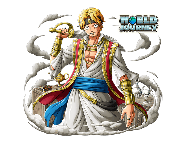 1boy arabian_clothes blonde_hair blue_sash chalice english_text headband holding holding_sword holding_weapon looking_at_viewer official_art oil_lamp one_piece one_piece_treasure_cruise over_shoulder sabo_(one_piece) sash scimitar short_hair smoke solo sword sword_over_shoulder transparent_background vambraces weapon weapon_over_shoulder