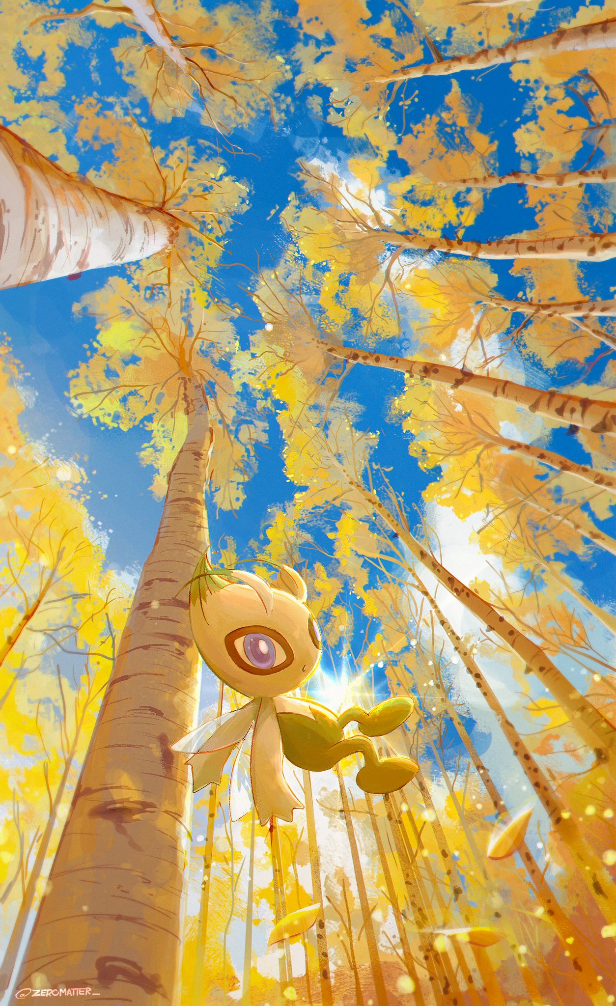 blue_eyes celebi cloud commentary day falling_leaves flying from_below highres leaf looking_down no_humans outdoors pokemon pokemon_(creature) sky sun zeromatter