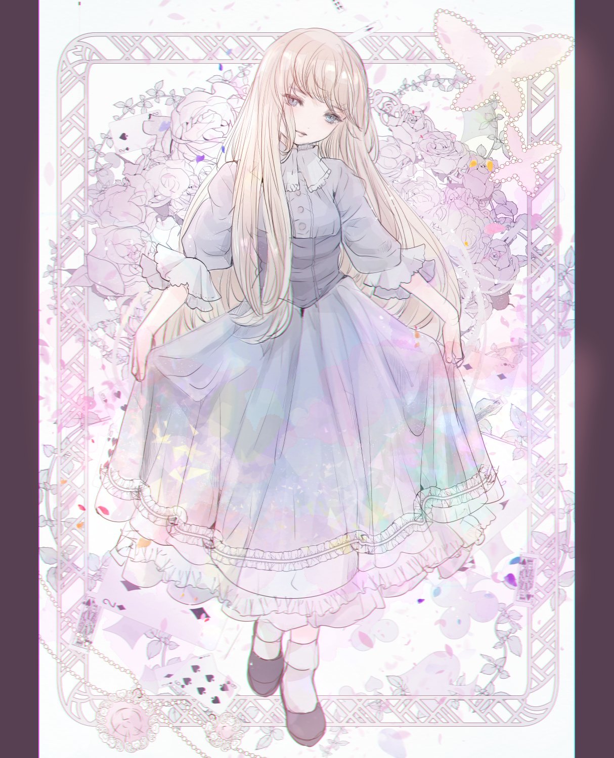 1girl blonde_hair blue_dress blue_eyes blue_sash bug butterfly card closed_mouth dress floral_background flower framed frilled_dress frills full_body hair_over_shoulder head_tilt highres komirihikku lips long_hair long_sleeves looking_at_viewer original pale_color pastel_colors petticoat pillarboxed playing_card purple_flower purple_footwear purple_rose rose sash skirt_hold sleeves_past_elbows socks solo white_background white_flower white_rose white_socks