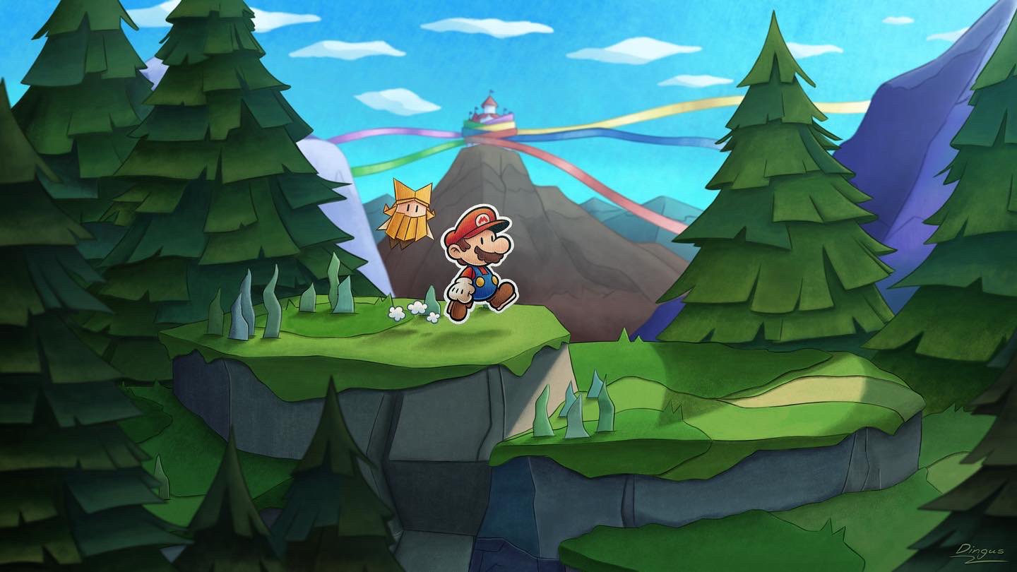 1boy 1girl artist_name blonde_hair blue_overalls blue_pants blue_ribbon blue_sky brown_footwear brown_hair buttons castle cloud commentary day english_commentary facial_hair flower flying forest full_body gloves grass green_ribbon hat long_sleeves mario mario_(series) mountain mustache nature olivia_(paper_mario) outdoors overalls pants paper_mario paper_mario:_the_origami_king plant princess_peach's_castle purple_ribbon red_headwear red_ribbon red_shirt ribbon scenery shirt shoes short_hair signature sky solid_oval_eyes tree vinny_(dingitydingus) walking white_flower white_gloves yellow_ribbon