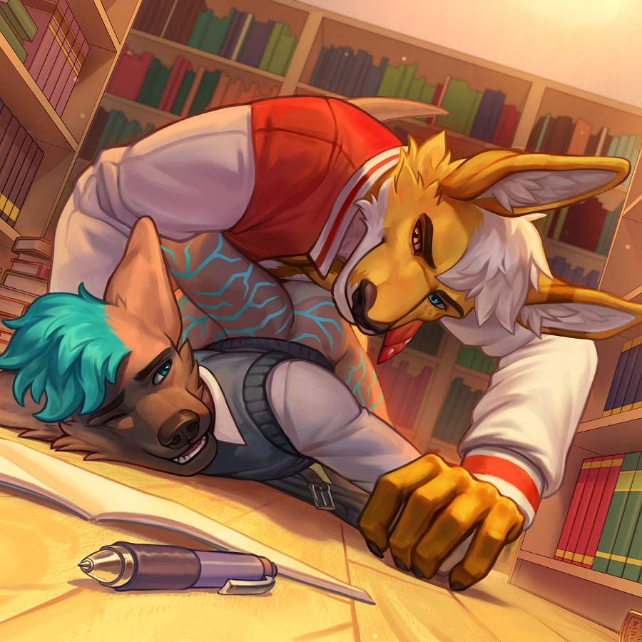 anal anthro bottomwear bottomwear_down bullying clothed clothing duo eye_contact forced jock library looking_at_another looking_back looking_down male male/male nerd pants pants_down partially_clothed pen poofroom public punishment questionable_consent