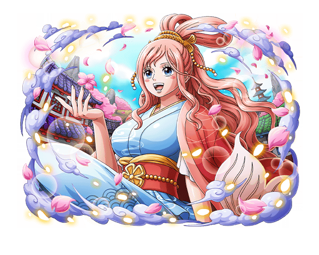 1girl architecture blue_eyes blue_sky cherry_blossoms cherry_tree east_asian_architecture japanese_clothes long_hair mermaid monster_girl official_art one_piece one_piece_treasure_cruise open_mouth pink_hair shirahoshi sky solo teeth tree