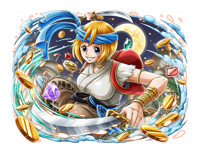 1girl blue_eyes bracelet coin crescent_moon gem gold gold_coin grin holding holding_sword holding_weapon jewelry koala_(one_piece) medium_hair moon official_art one_piece one_piece_treasure_cruise orange_hair red_gemstone scimitar smile solo sword teeth weapon