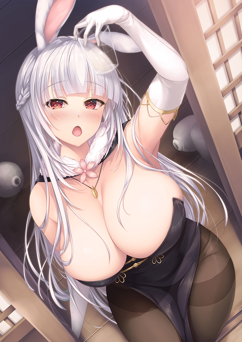 1girl animal_ears arm_up armpits bangs black_cape black_pantyhose blunt_bangs blush braid breasts brooch cape cleavage cup dress dutch_angle elbow_gloves eyebrows_hidden_by_hair fur_trim gloves highres holding holding_cup jewelry large_breasts long_hair looking_at_viewer massan necklace open_mouth original pantyhose rabbit_ears red_dress red_eyes solo thighband_pantyhose white_gloves white_hair