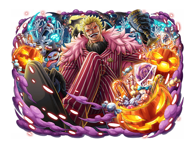 1boy black_footwear black_gloves blonde_hair candy candy_cane chalice donquixote_doflamingo food formal gloves halloween holding_goblet jack-o'-lantern lollipop official_art one_piece one_piece_treasure_cruise open_mouth pinstripe_pattern pinstripe_suit shoes short_hair skeleton striped suit teeth
