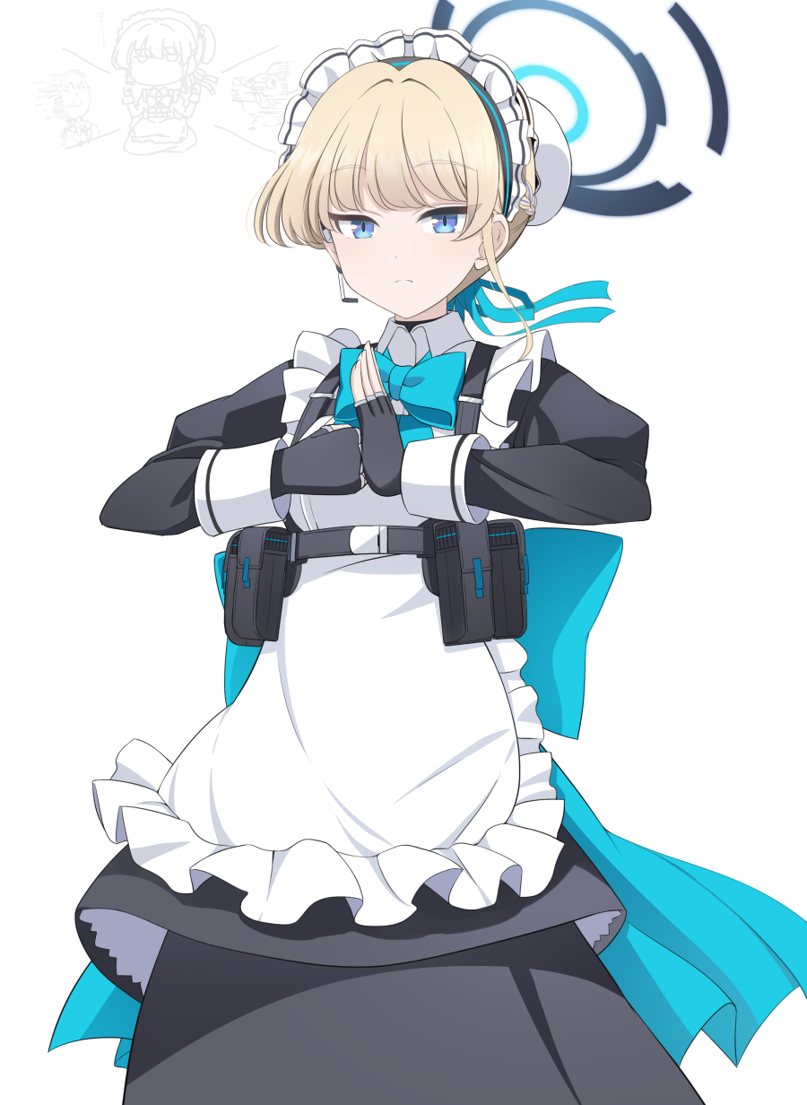 1girl apron black_dress black_gloves blonde_hair blue_archive blue_bow blue_bowtie blue_eyes blue_ribbon bow bowtie chest_harness closed_mouth dress earpiece fingerless_gloves frilled_apron frills gloves hair_ribbon halo harness highres hokuto_no_ken hoshino_ouka long_sleeves looking_at_viewer maid maid_apron palm-fist_greeting peroro_(blue_archive) pouch ribbon sensei_(blue_archive) short_hair simple_background sleeve_cuffs solo_focus toki_(blue_archive) white_apron white_background
