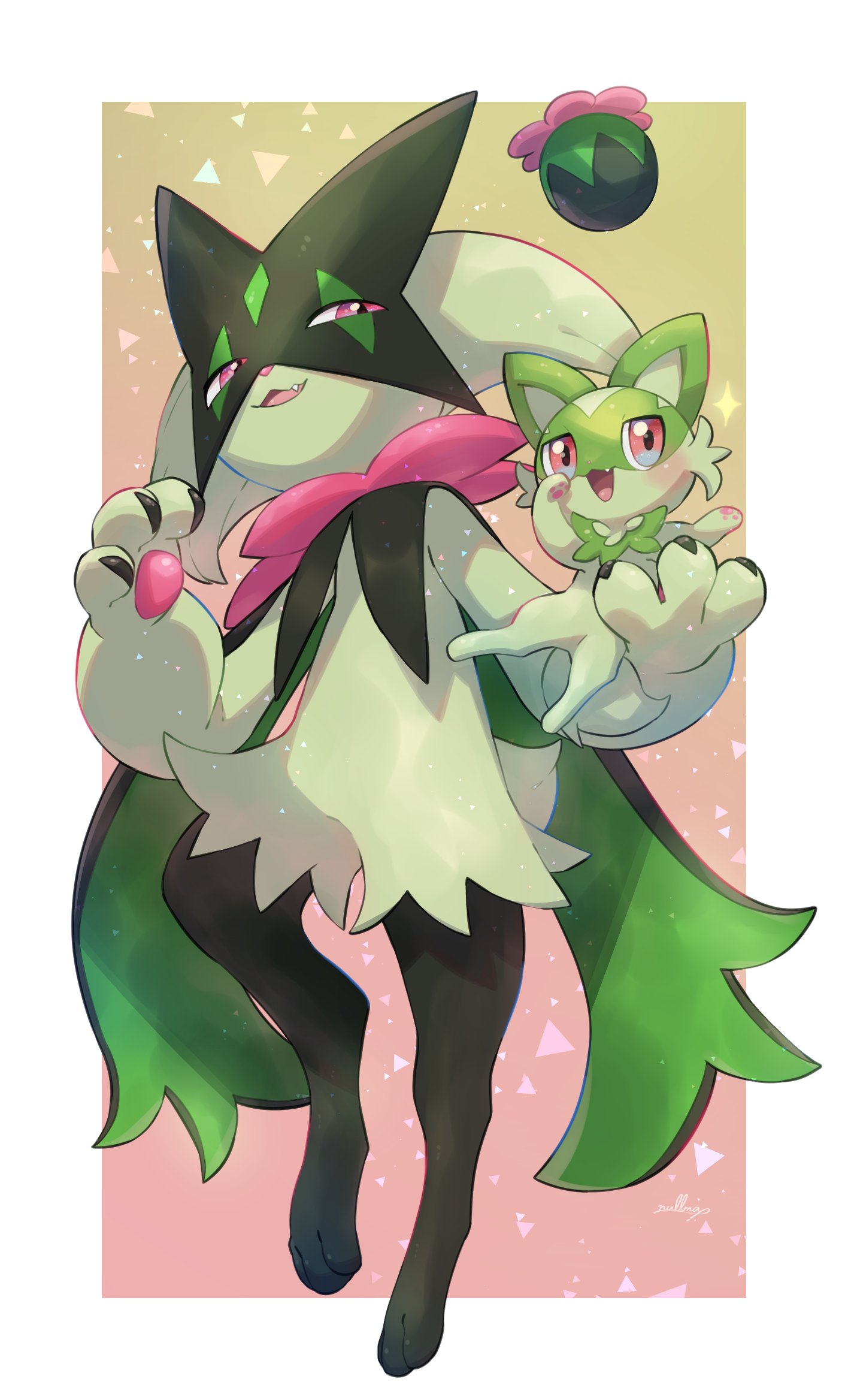 3_claws 3_fingers 3_toes biped black_legs claws colored digital_media_(artwork) digital_painting_(artwork) duo feet fingers fur fur_tuft generation_9_pokemon green_arms green_body green_ears green_tail hi_res holding_character meowscarada nintendo nullma open_mouth pawpads pink_eyes pink_nose pink_pawpads pink_tongue pokemon pokemon_(species) quadruped shadow sharp_teeth signature simple_background sprigatito tail teeth toes tongue tuft white_background
