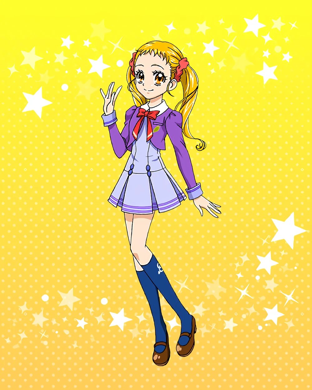 1girl blonde_hair blue_socks collar cropped_jacket cure_lemonade full_body hair_ornament hair_scrunchie highres kasugano_urara_(yes!_precure_5) l'ecole_des_cinq_lumieres_school_uniform long_hair official_art precure precure_connection_puzzlun school_uniform scrunchie short_bangs smile socks solo third-party_source twintails yellow_eyes yes!_precure_5