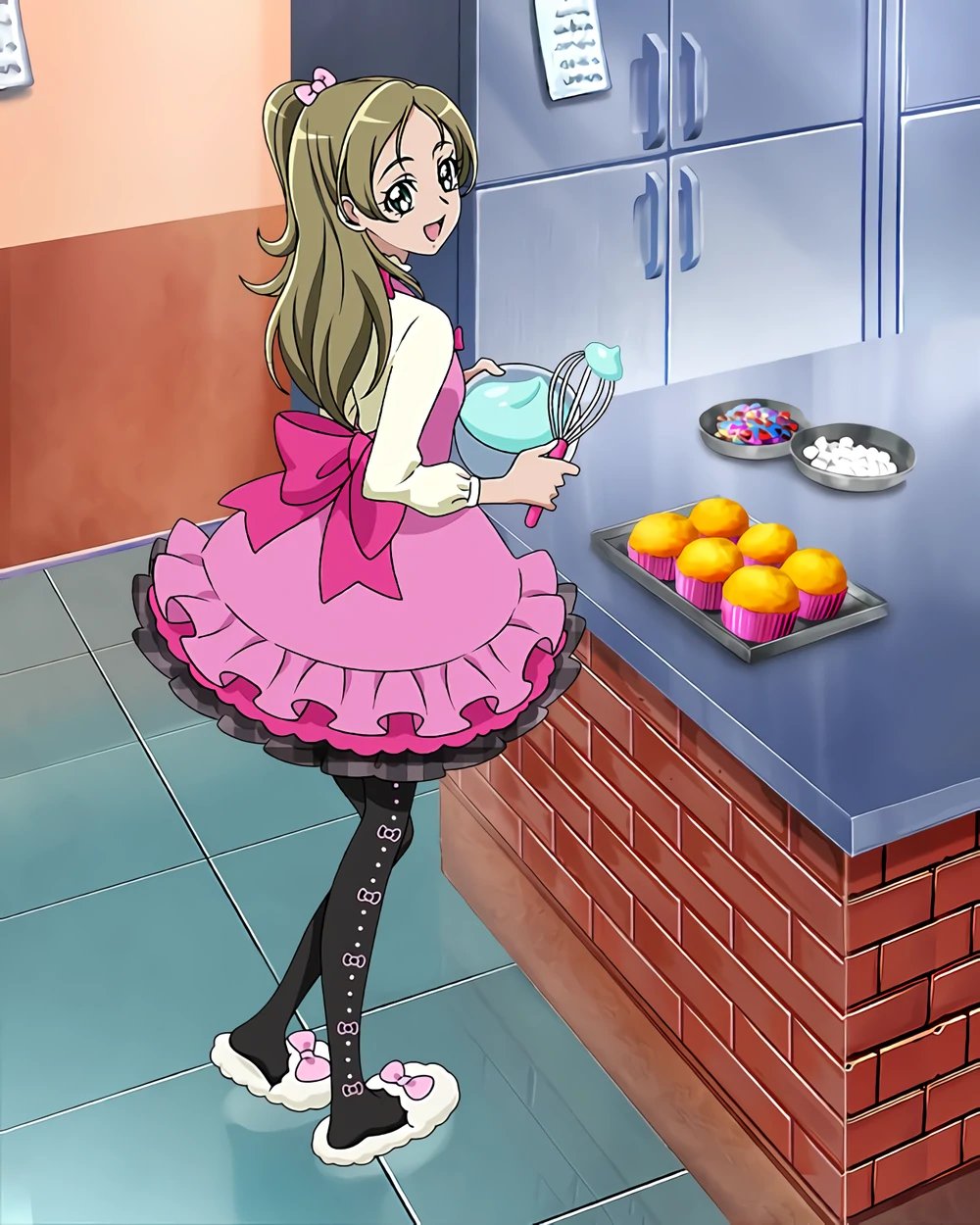 1girl bangs black_pantyhose blonde_hair cupcake dress food green_eyes half_updo highres kitchen long_hair minamino_kanade official_art open_mouth pantyhose precure precure_connection_puzzlun smile solo suite_precure third-party_source