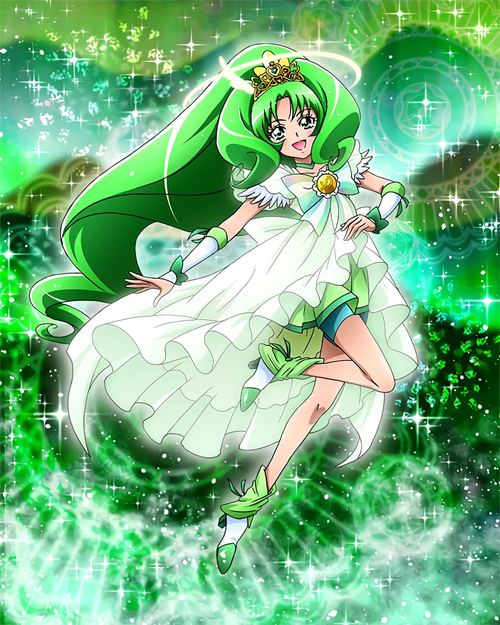 1girl bangs bike_shorts_under_skirt bow choker cure_march cure_march_(princess_form) full_body green_choker green_eyes green_hair head_wings highres long_hair magical_girl midorikawa_nao official_art open_mouth precure precure_connection_puzzlun smile smile_precure! solo third-party_source tiara tri_tails very_long_hair