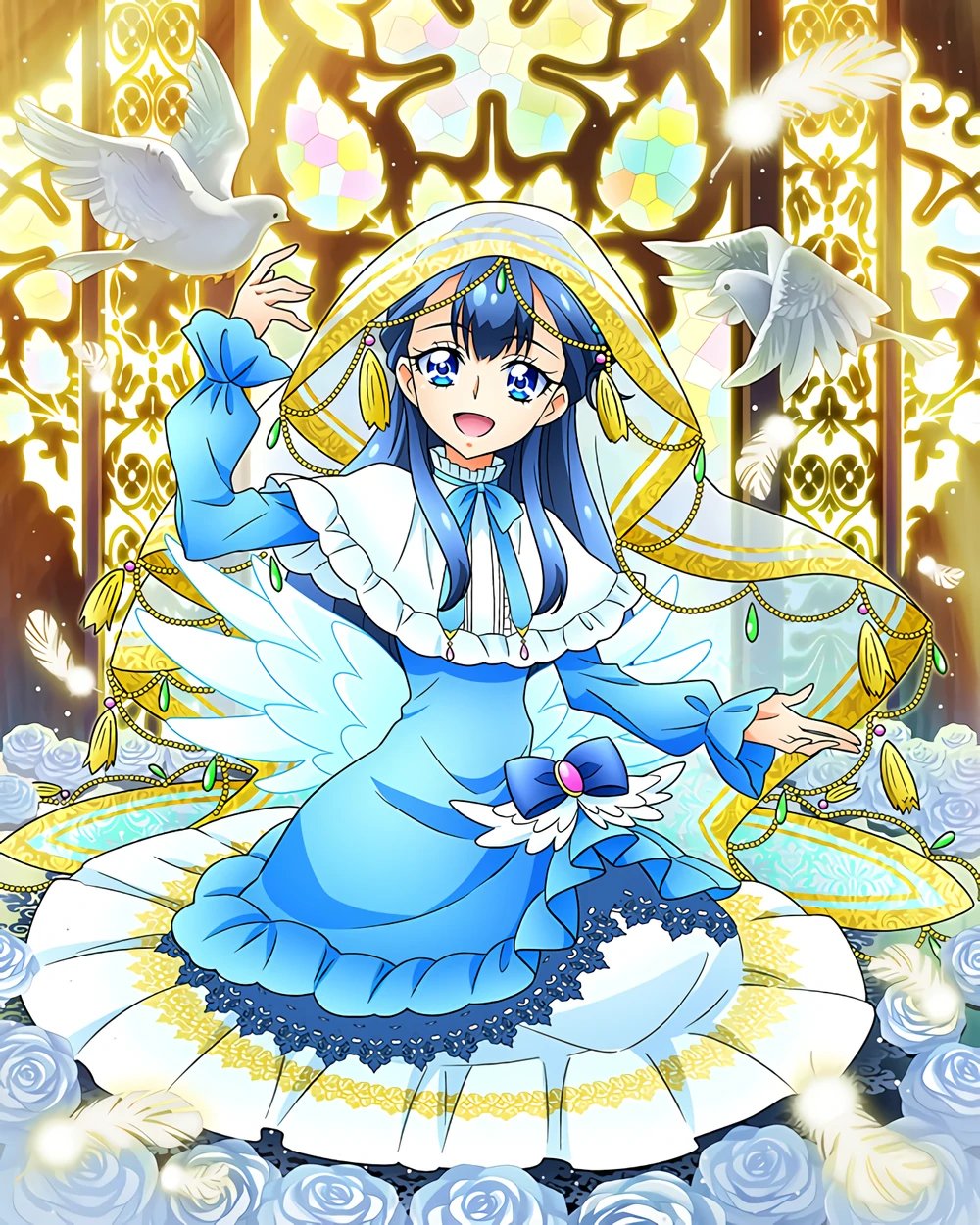 bangs bird blue_dress blue_eyes blue_hair blue_ribbon capelet dove dress feathers flower highres hugtto!_precure long_hair long_sleeves official_art open_mouth precure precure_connection_puzzlun ribbon rose smile third-party_source veil white_flower white_rose yakushiji_saaya