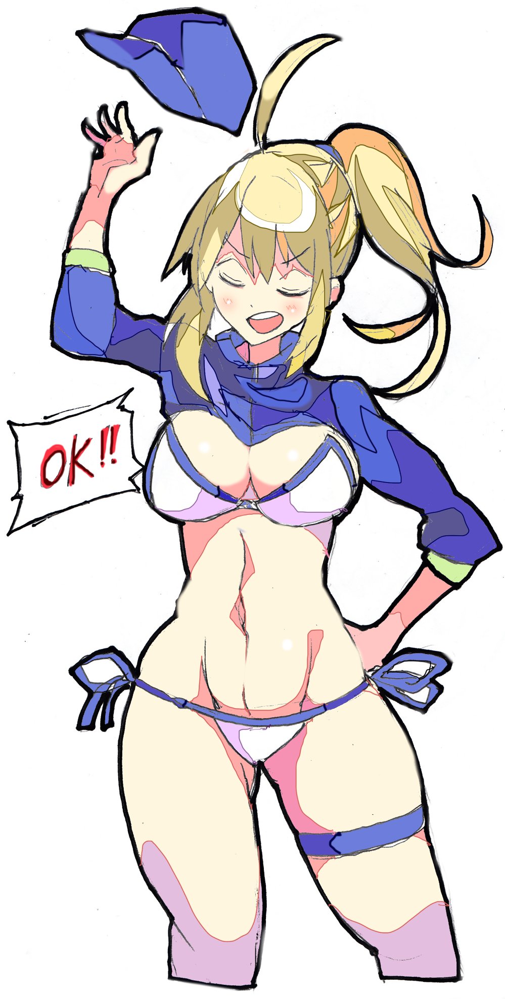 1girl ahoge artoria_pendragon_(fate) ass_visible_through_thighs bangs baseball_cap bikini blonde_hair blue_headwear blue_jacket blue_trim breasts closed_eyes cropped_jacket english_text enpe fate/grand_order fate_(series) hair_ornament hair_scrunchie hat highres jacket large_breasts mysterious_heroine_xx_(fate) navel open_clothes open_jacket open_mouth ponytail scrunchie side-tie_bikini_bottom skindentation solo swimsuit teeth thigh_strap thighs throwing_hat upper_body upper_teeth_only white_background