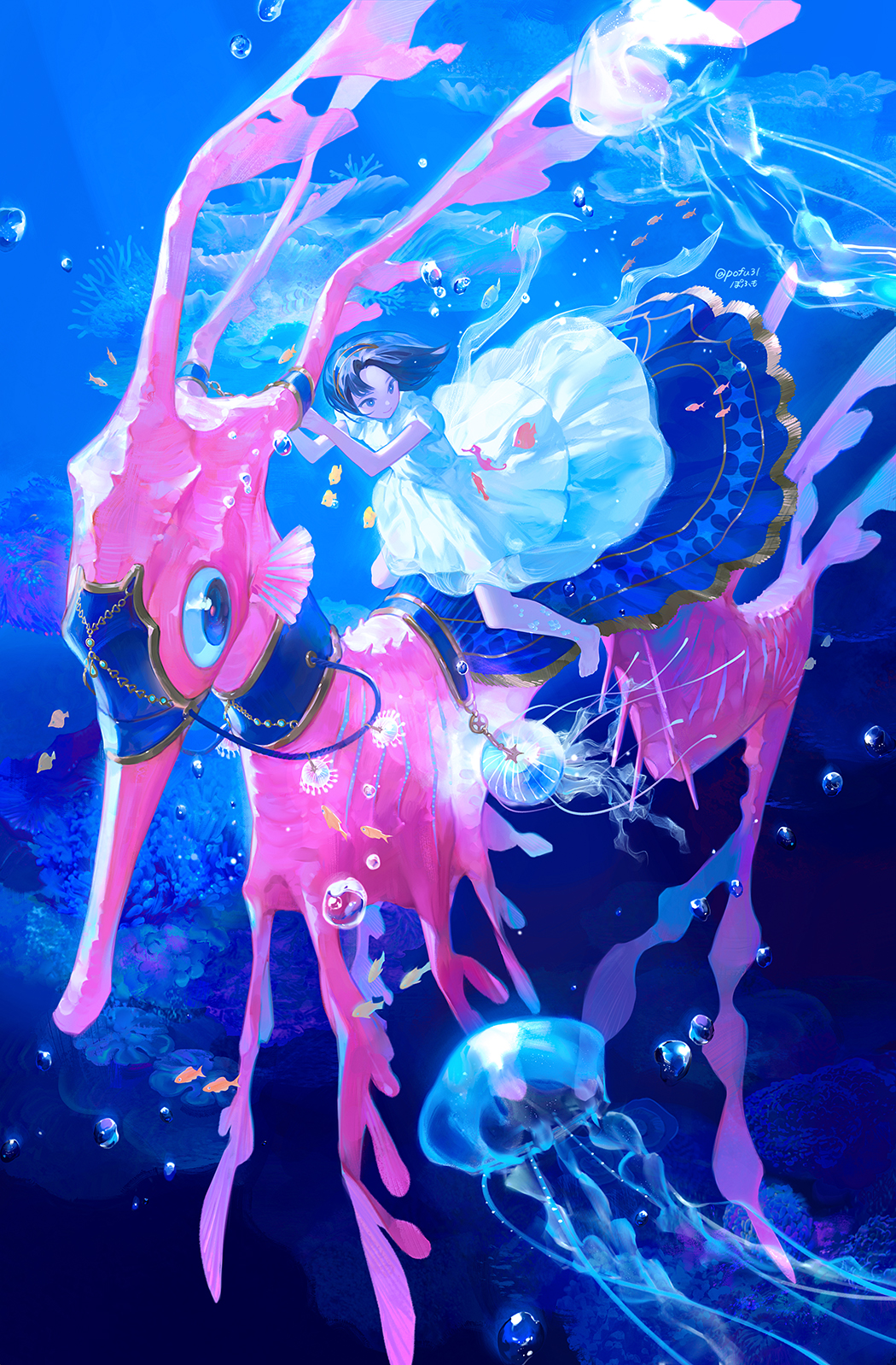 1girl air_bubble bangs barding bare_arms bare_legs barefoot black_hair blue_theme bubble chain coral creature dress fish highres jellyfish looking_away looking_to_the_side ocean original pofu31 reins riding saddle scales seahorse short_hair short_sleeves smile star_(symbol) sundress twitter_username underwater white_dress