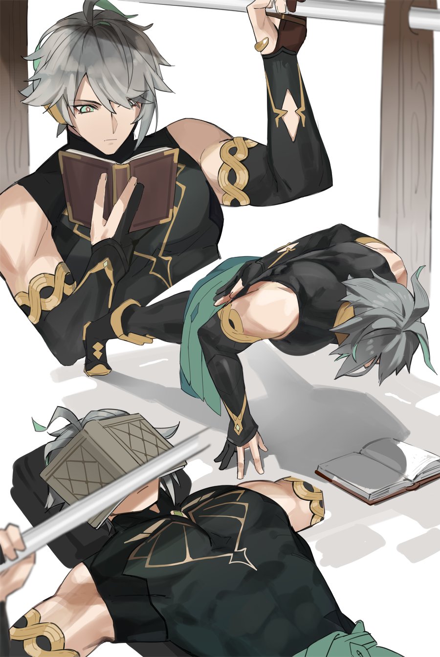 1boy ahoge alhaitham_(genshin_impact) bare_shoulders bench_press book book_on_head cape closed_mouth compression_shirt covered_abs elbow_gloves exercise expressionless genshin_impact gloves green_cape green_eyes grey_hair hair_over_one_eye highres lempika multiple_views muscular muscular_male object_on_head open_book partially_fingerless_gloves push-ups reading short_hair shoulder_cape spiked_hair weightlifting