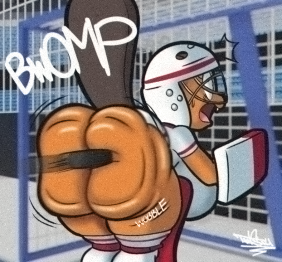 anthro arm_pads armor beaver bent_over big_breasts big_butt bottomless breasts brown_body butt butt_squish clothed clothing english_text female headgear helmet hockey hockey_mask hockey_puck huge_breasts huge_butt knee_pads mammal mask onomatopoeia open_mouth rodent shirt solo sound_effects sport sports_mask sportswear squish tansau text thick_thighs topwear wide_eyed wide_hips