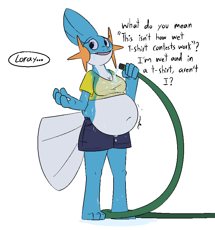 anthro belly big_belly blue_body breasts cleavage clothed clothing dialogue female generation_3_pokemon hose inflation loray_(thatoneaceguy) mudkip navel nintendo offscreen_character open_mouth pokemon pokemon_(species) simple_background solo standing text thatoneaceguy water water_inflation