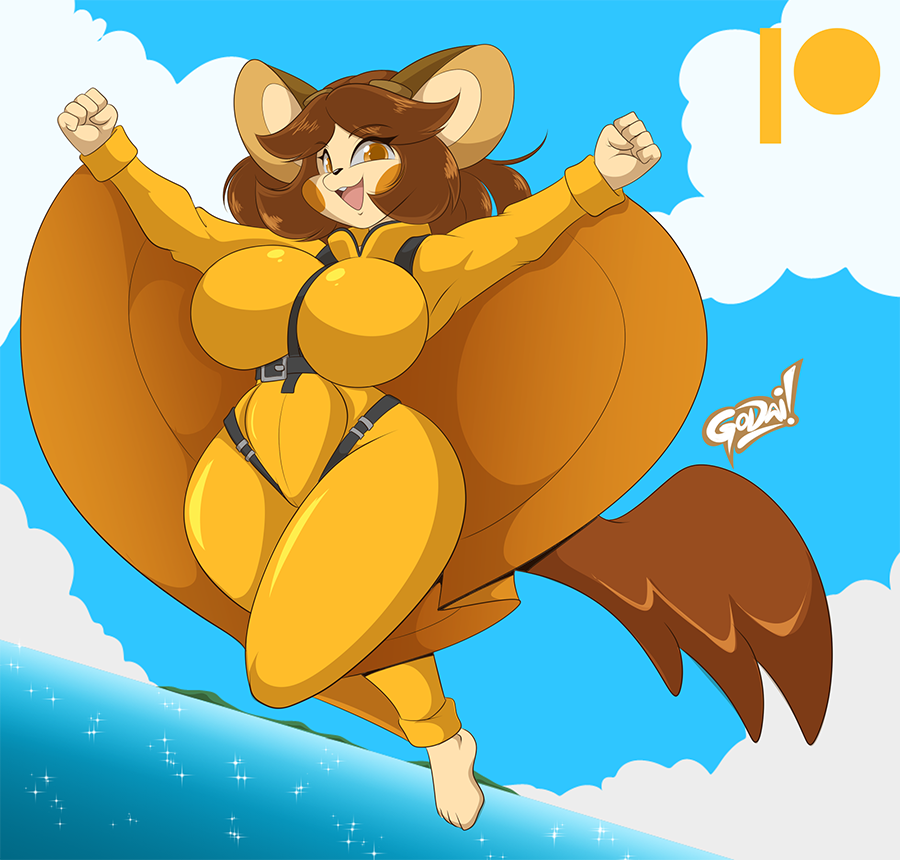 2023 5_fingers anthro barefoot big_breasts breasts brown_eyes brown_hair cheek_spots cloud emolga feet female fingers flight_suit generation_5_pokemon hair harness mastergodai membrane_(anatomy) nintendo patagium pokemon pokemon_(species) sea shiny_pokemon sky smile solo thick_thighs water watermark wide_hips