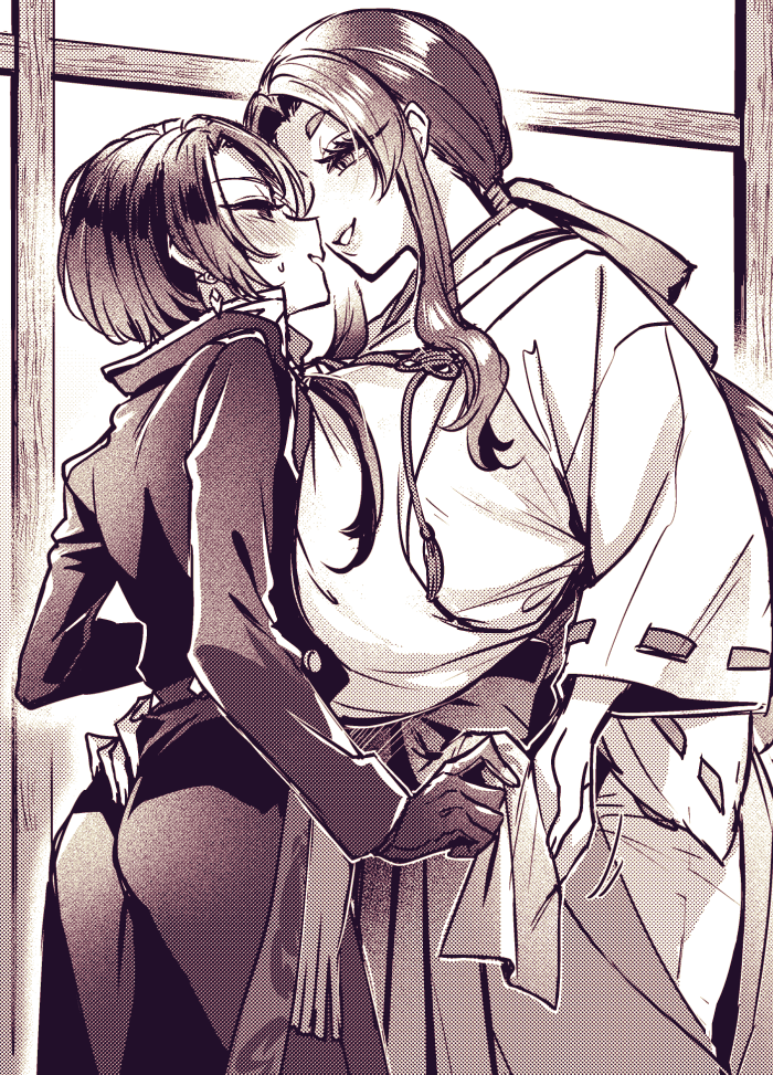 1boy 1girl assertive_female bishounen black_gloves blush breasts earrings female_saniwa_(touken_ranbu) femdom gloves hand_on_another's_ass height_difference hetero izumi_kikaku japanese_clothes jewelry kashuu_kiyomitsu large_breasts miko smile sweat touken_ranbu