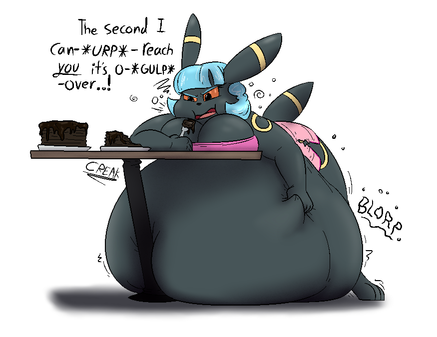 anthro belly big_belly big_breasts black_body blue_hair breasts cake clothing dessert dialogue eating eeveelution female food generation_2_pokemon hair huge_breasts hyper hyper_belly immobile nintendo open_mouth pokemon pokemon_(species) red_sclera simple_background solo sound_effects stuffing text thatoneaceguy torn_clothing umbreon wardrobe_malfunction