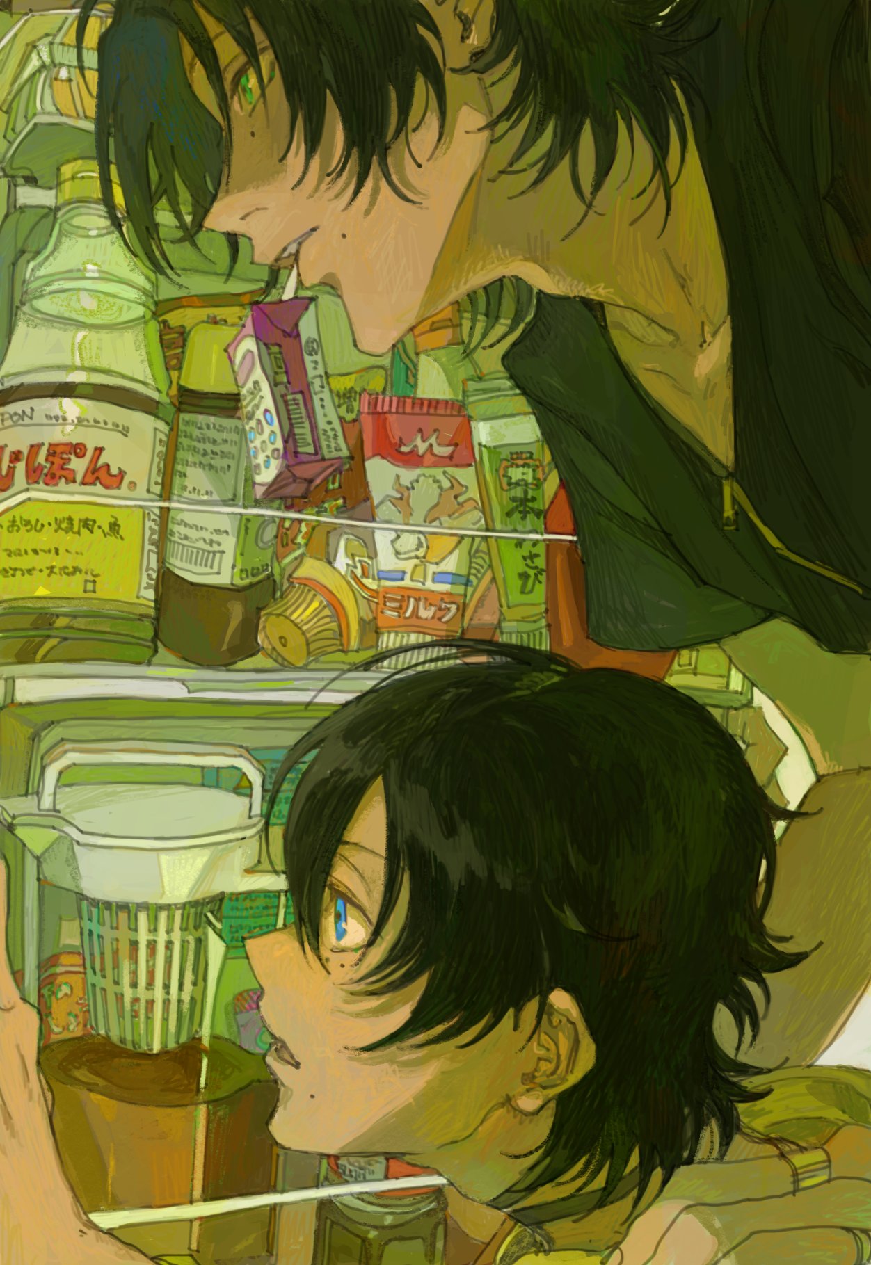 2boys adam's_apple aqua_eyes bangs black_hair black_shirt blue_eyes bottle box character_request check_character choker cup drinking_straw drinking_straw_in_mouth food from_side green_eyes hand_on_another's_shoulder hand_up highres hypnosis_mic juice_box leaning_forward looking_away male_focus mole mole_under_eye mole_under_mouth mouth_hold multiple_boys n_uu_nn parted_lips portrait profile refrigerator shirt short_hair short_sleeves t-shirt wasabi yamada_jirou yamada_saburou