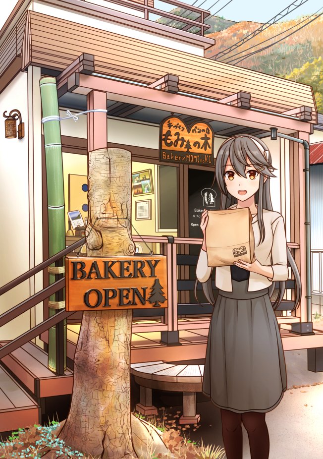 1girl alternate_costume alternate_hairstyle architecture bag bakery bamboo bell building cable calendar_(object) coat crop_top east_asian_architecture fence grey_hair grey_skirt hair_between_eyes hair_ornament hair_over_shoulder hairband hairclip haruna_(kancolle) hill hitakikan holding holding_bag kantai_collection lamp light_blush long_hair looking_at_viewer official_alternate_costume open_sign pantyhose paper_bag picture_(object) picture_frame shop skirt smile solo stairs tree tree_stump white_coat window wooden_fence wooden_floor yellow_eyes