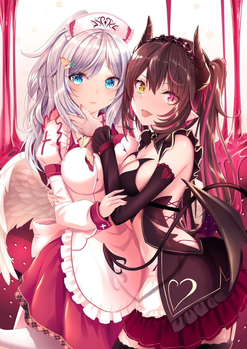 2girls angel angel_wings apron arm_around_back asymmetrical_docking bangs black_dress black_hair black_hairband black_thighhighs black_wings blue_eyes bow bowtie breast_press breasts cross_print demon_girl demon_horns demon_tail demon_wings dress earrings fang food frilled_dress frilled_hairband frills fruit garter_straps grey_hair hair_ornament hairband hairclip hand_on_another's_face haruka_natsuki hat heterochromia horns jewelry juliet_sleeves leg_up light_frown long_sleeves low_wings medium_breasts medium_skirt multicolored_hair multiple_girls nurse_cap open_mouth original oversized_object pantyhose pointy_ears ponytail puffy_sleeves red_eyes red_hair red_skirt shirt short_dress side_cutout skirt sleeveless sleeveless_dress slit_pupils smile standing standing_on_one_leg strawberry streaked_hair tail thighhighs two_side_up white_apron white_headwear white_pantyhose white_shirt white_wings wings yellow_bow yellow_bowtie yellow_eyes