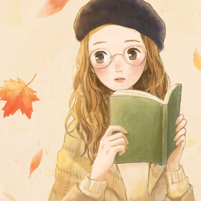 1girl autumn_leaves beret black_headwear blush book brown_eyes brown_hair brown_sweater glasses hat holding holding_book leaf lips long_hair long_sleeves looking_to_the_side maple_leaf open_book original parted_lips pink_lips simple_background solo sweater tan_background tokoyu upper_body wavy_hair white-framed_eyewear