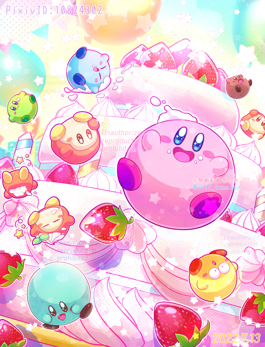 :d :o artist_name balloon blue_eyes blush blush_stickers brown_eyes cake candle closed_eyes closed_mouth commentary_request dated dithering falling food food_on_face food_on_head fruit full_body halftone happy highres kirby kirby's_dream_buffet kirby_(series) looking_at_viewer multiple_persona ninjya_palette no_humans object_on_head open_mouth pixiv_id smile star_(symbol) strawberry twitter_username waddle_dee watermark whipped_cream wide-eyed