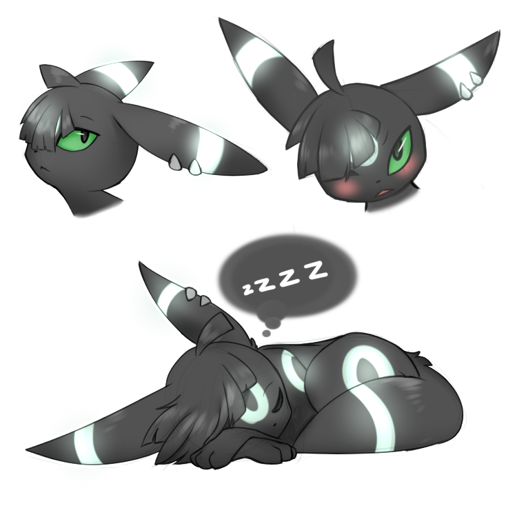 2018 alpha_channel alternate_species ambiguous_gender black_fur black_hair blush eeveelution eyebrows feral feral_with_hair feralized fezmangaka fur gladion_(pok&eacute;mon) green_eyes hair markings nintendo open_mouth paws pok&eacute;mon pok&eacute;mon_(species) simple_background sleeping solo text thought_bubble transparent_background umbreon video_games white_markings
