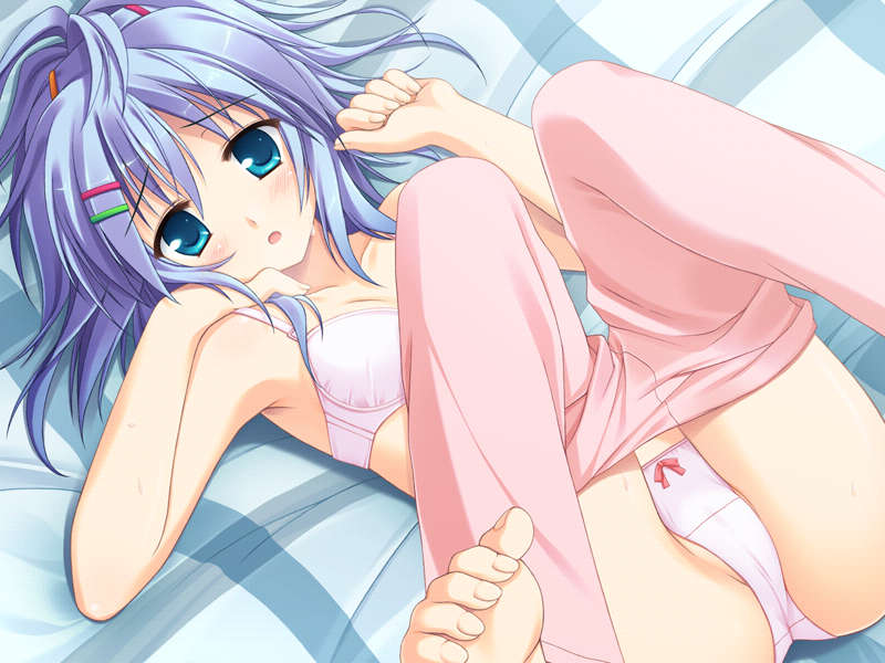 1girl blue_eyes blue_hair blush bra game_cg kasadate_shizuka lingerie lying ooba_kagerou panties short_hair solo sora_wo_tobu_mittsu_no_houhou underwear