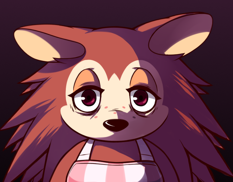 2023 animal_crossing anthro apron brown_body brown_eyes bust_portrait clothing ears_down eulipotyphlan female guywiththepie hedgehog lidded_eyes looking_at_viewer mammal nintendo pivoted_ears portrait purple_background sable_able simple_background solo tired tired_eyes