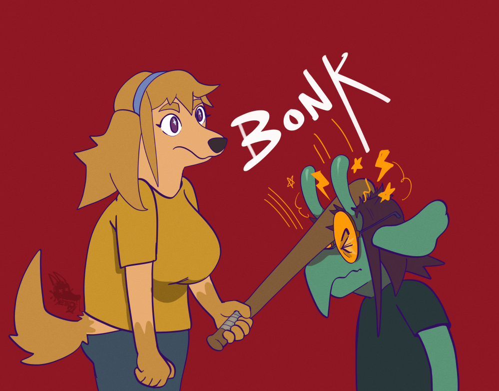 anthro big_breasts bird_dog bonk_(meme) breasts canid canine canis clothed clothing club_(weapon) digital_media_(artwork) domestic_dog dragon duo eyewear female female/female flat_chested floppy_ears glasses go_to_horny_jail golden_retriever green_body hair horn hunting_dog mammal melee_weapon meme newd retriever scalie simple_background sparks_(newd) sybyl_(newd) weapon