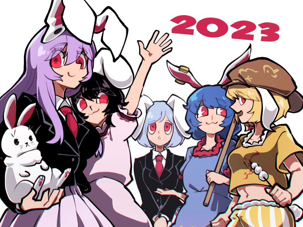 2023 5girls :3 :o animal animal_ears black_hair black_jacket blue_dress blue_hair breasts brown_headwear cabbie_hat closed_mouth dango dress earclip flat_cap flat_chest floppy_ears food happy hat holding holding_animal iganashi1 inaba_tewi jacket kine long_hair mallet medium_breasts midriff moon_rabbit multiple_girls navel necktie orange_shirt pink_dress pink_skirt pleated_skirt puffy_short_sleeves puffy_sleeves purple_hair rabbit rabbit_ears rabbit_girl rabbit_tail red_eyes red_necktie reisen_(touhou_bougetsushou) reisen_udongein_inaba ringo_(touhou) seiran_(touhou) shirt short_hair short_sleeves shorts simple_background skirt small_breasts striped striped_shorts tail touhou vertical-striped_shorts vertical_stripes very_long_hair wagashi waving white_background yellow_shorts