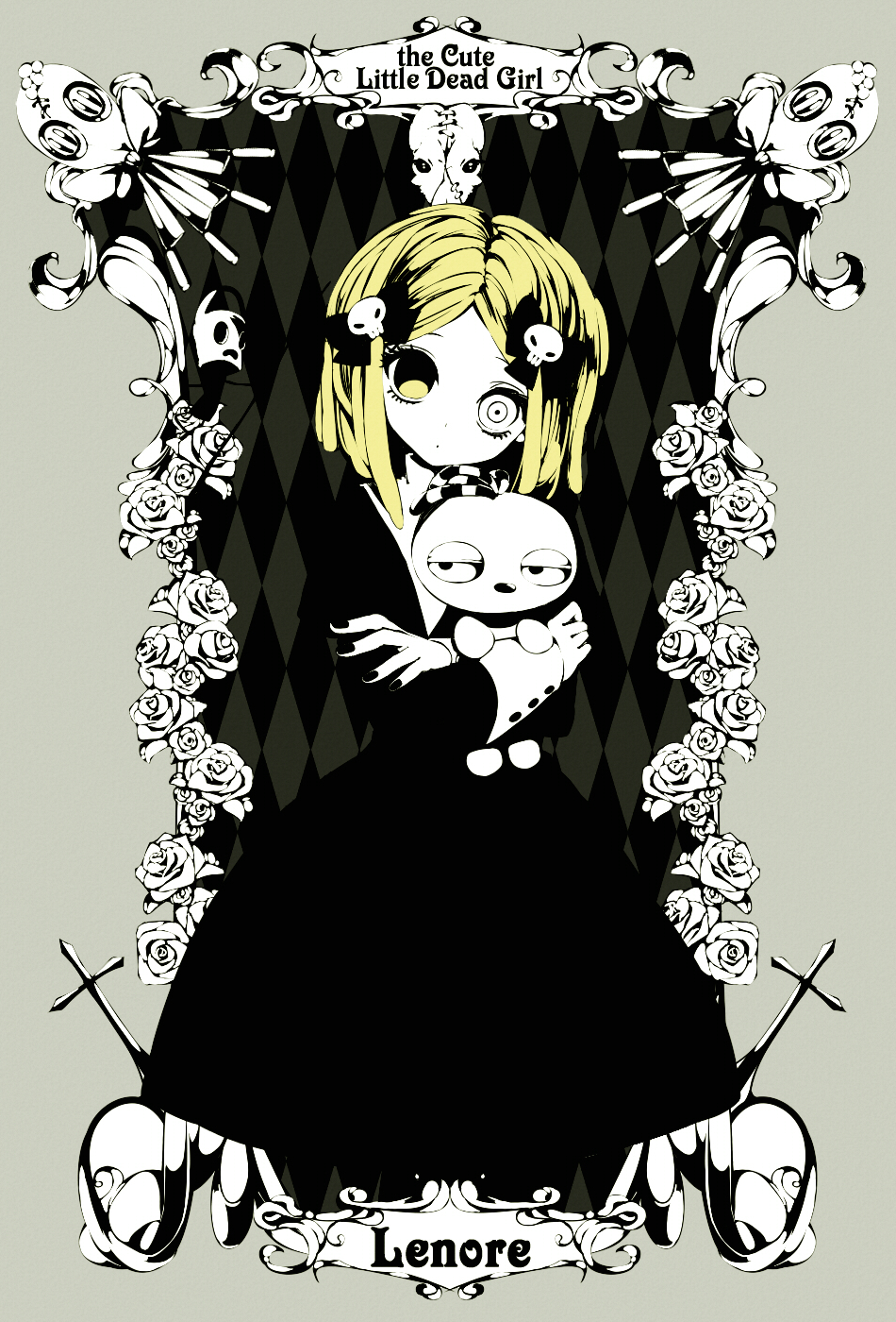 1girl black_dress black_nails blonde_hair character_name child copyright_name cross crossed_arms dress eyelashes female_child flower gothic hair_ornament highres holding holding_stuffed_toy lenore lenore_lynchfast limited_palette nail_polish rose shizuki_sayaka skull_hair_ornament solo standing stuffed_toy yellow_eyes