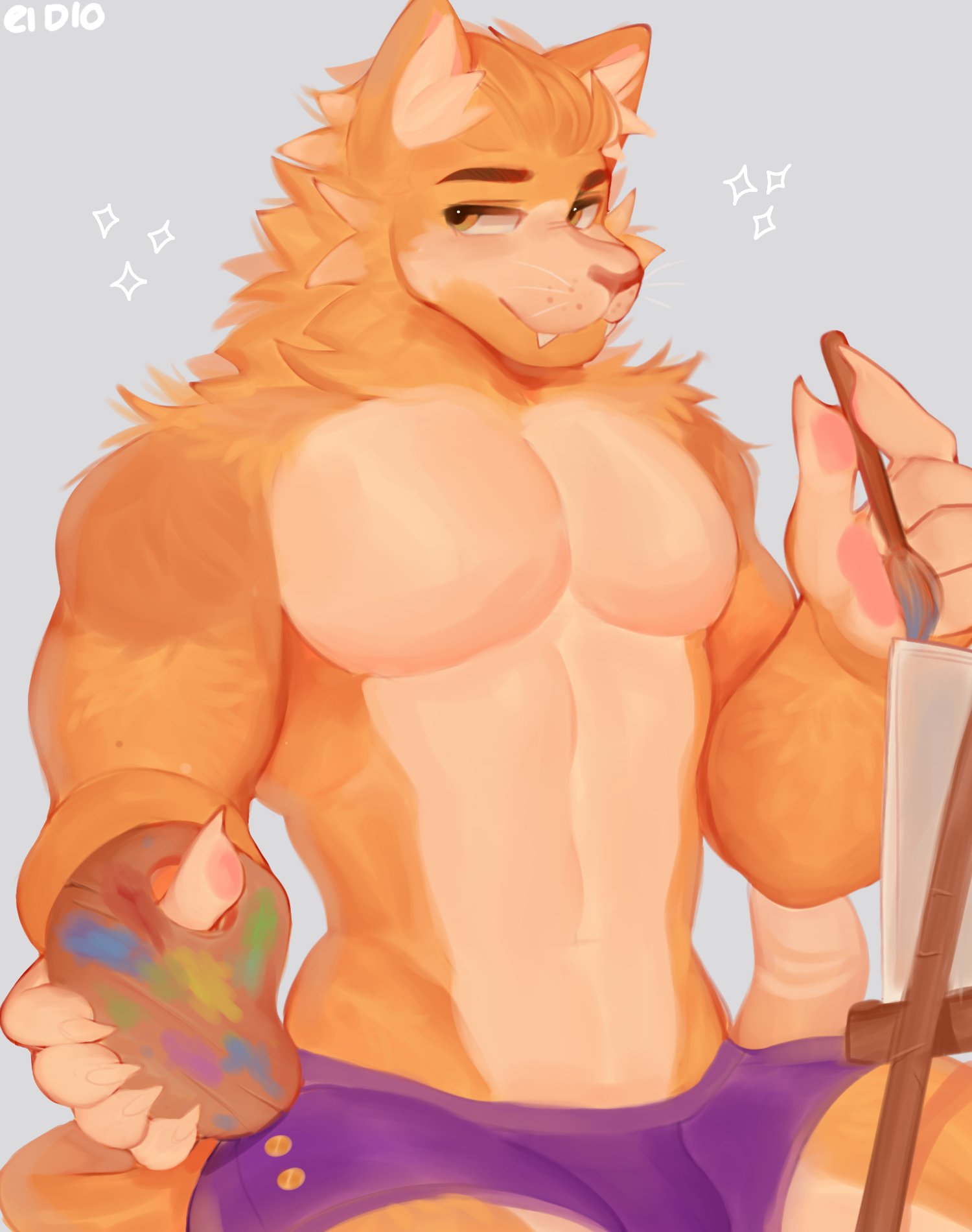 anthro dionelart domestic_cat easel felid feline felis hi_res humanoid male mammal muscular muscular_male paint paint_palette pecs short smile solo