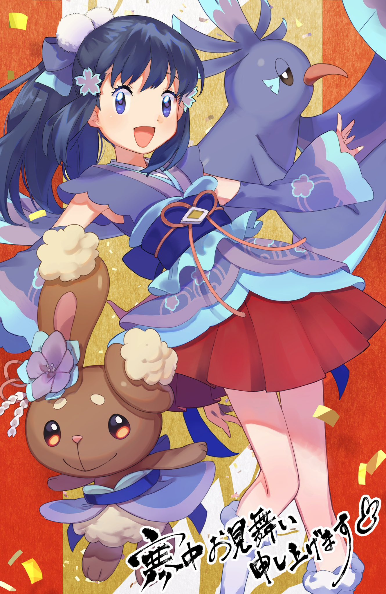 1girl :d bangs black_hair buneary commentary_request dawn_(new_year's_2023)_(pokemon) dawn_(pokemon) detached_sleeves eyelashes hair_ornament hair_ribbon highres japanese_clothes kimono long_hair looking_at_viewer official_alternate_costume open_mouth oricorio oricorio_(sensu) pleated_skirt pokemon pokemon_(creature) pokemon_(game) pokemon_masters_ex purple_eyes purple_kimono red_skirt ribbon skirt smile smrs_ss socks tongue white_socks