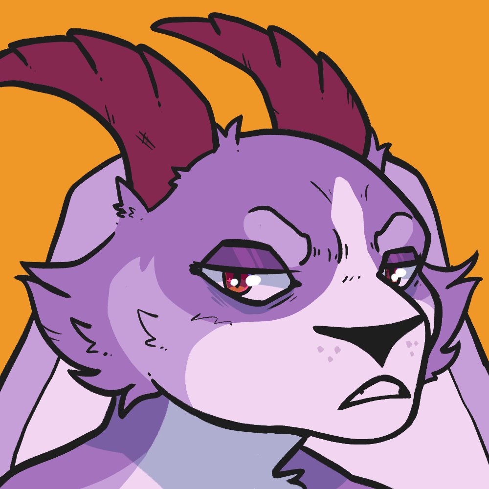 1:1 ambiguous_gender anthro black_nose bust_portrait cheek_tuft facial_tuft floppy_ears fur glistening glistening_eyes horn kiwyne looking_at_viewer narrowed_eyes portrait purple_body purple_fur red_eyes red_horn ridged_horn simple_background solo tuft unsigned yellow_background