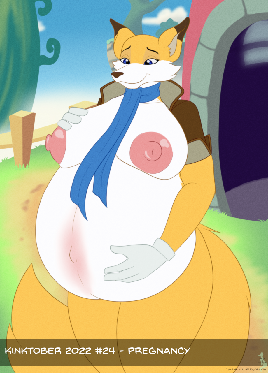 anthro belly big_belly big_breasts breasts canid canine clothing digital_media_(artwork) female fox fur hi_res huge_breasts hyper hyper_pregnancy jorge-the-wolfdog lyra_swiftail mammal nipples nude pregnant pregnant_female solo super_lucky's_tale video_games