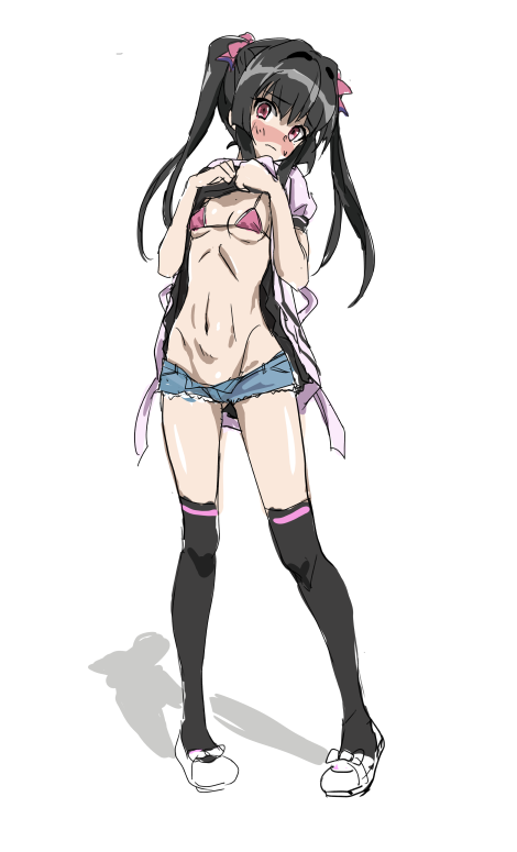 1girl bikini black_hair black_thighhighs blue_shorts blush breasts closed_mouth fujikawa_daichi full_body hair_ribbon long_hair looking_at_viewer micro_shorts open_clothes open_shorts pink_bikini red_eyes ribbon senki_zesshou_symphogear shiny_skin shorts simple_background sketch small_breasts solo swimsuit thighhighs tsukuyomi_shirabe twintails white_background