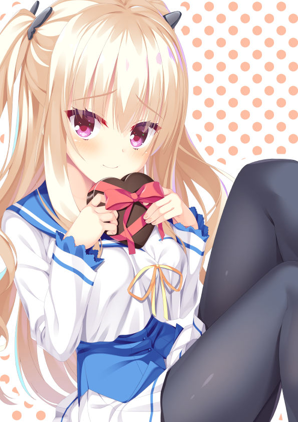 1girl 8kumagawa_(log) black_pantyhose blonde_hair blue_sailor_collar blush bow bra-ban! breasts butterfly_hair_ornament candy chocolate closed_mouth commentary eyelashes fingernails food frilled_sleeves frills furrowed_brow hair_ornament hands_up heart heart-shaped_chocolate hibarigaoka_yuki jacket knees_up large_breasts long_hair long_sleeves looking_at_viewer miniskirt pantyhose pleated_skirt polka_dot polka_dot_background purple_eyes red_bow red_ribbon ribbon sailor_collar school_uniform sidelocks simple_background sitting skirt smile solo thighs two_side_up valentine very_long_hair white_background white_jacket white_skirt yellow_ribbon yuzu-soft