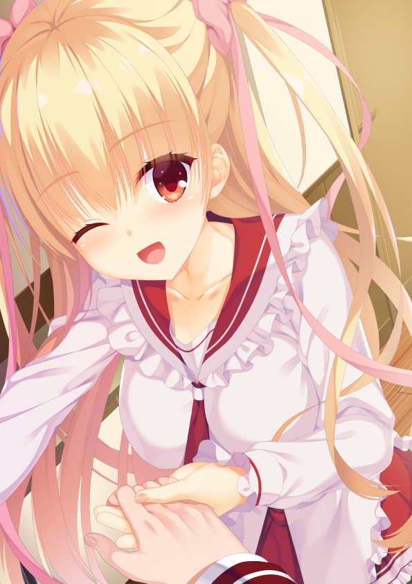 1girl 8kumagawa_(log) bangs between_breasts blonde_hair blush bow breasts collar collarbone fingernails frilled_collar frilled_skirt frills hair_between_eyes hair_bow hair_ribbon happy head_tilt hidan_no_aria holding_hands indoors large_breasts long_hair long_sleeves looking_at_viewer mine_riko miniskirt necktie necktie_between_breasts one_eye_closed open_mouth pink_bow pink_ribbon red_collar red_eyes red_necktie red_skirt ribbon shirt skirt smile solo standing twintails very_long_hair white_shirt