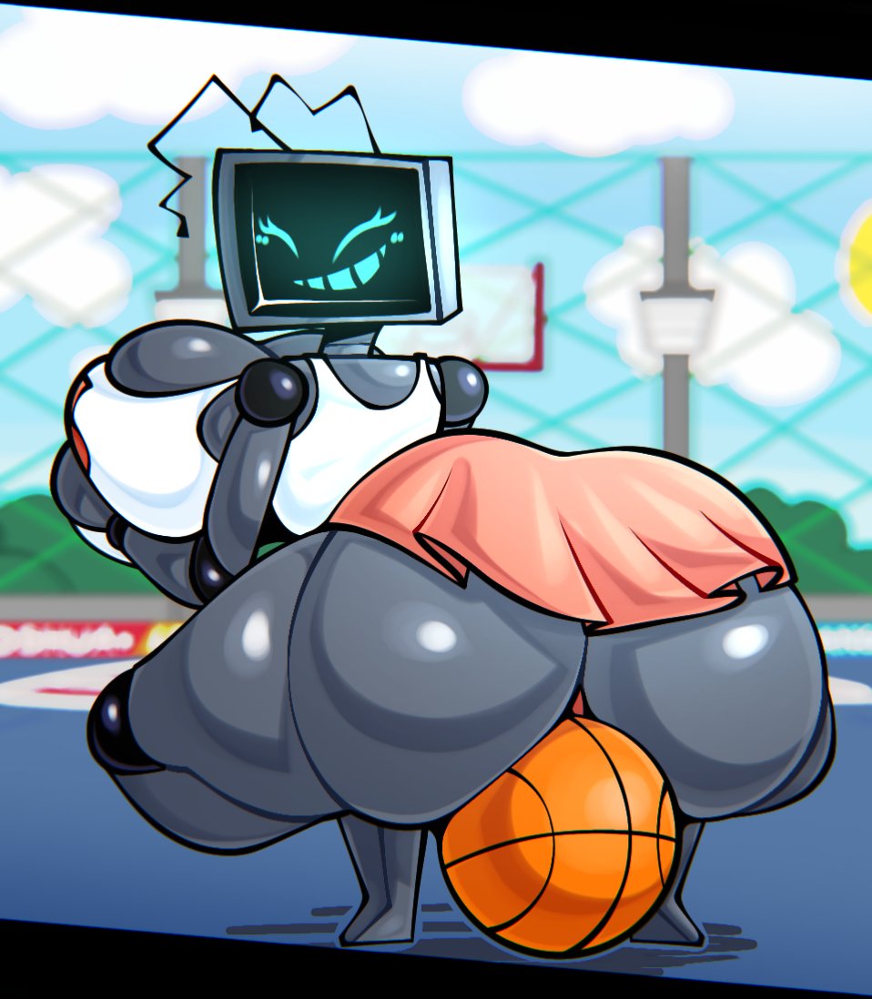 ball basket basketball basketball_(ball) basketball_court basketball_uniform big_breasts big_butt blush blush_lines bottomwear breasts butt clothed clothing cloud container crouching digital_media_(artwork) female friday_night_funkin' grey_body hand_on_breast hex_(fnf) kaizocns machine on_ground orange_clothing outside robot screen screen_face shirt skirt smile solo sportswear sun tank_top thick_thighs topwear uniform white_clothing