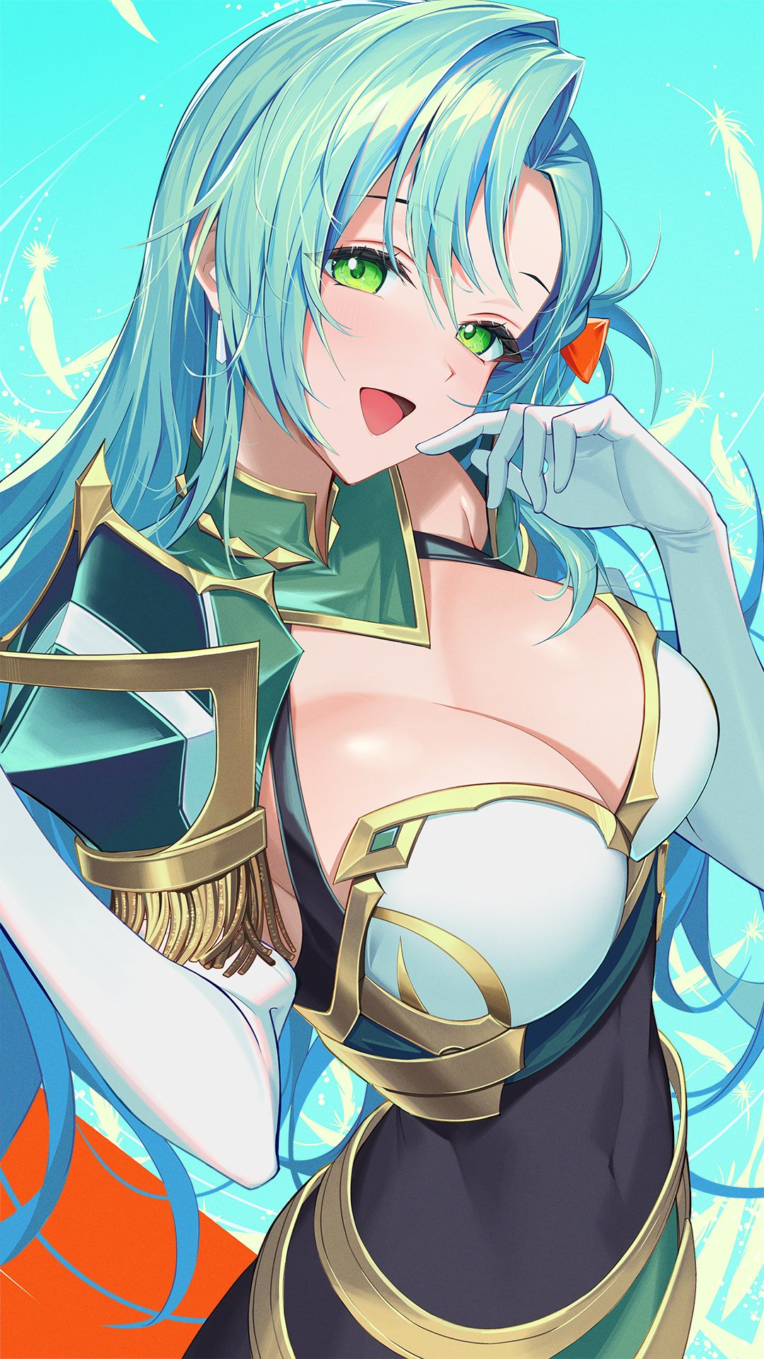 1girl aqua_hair bangs blue_background breasts chloe_(fire_emblem) cleavage cleavage_cutout clothing_cutout collarbone covered_navel dress earrings elbow_gloves fire_emblem fire_emblem_engage gloves green_eyes hair_ornament highres jewelry kainown large_breasts long_hair open_mouth selfie smile solo upper_body very_long_hair white_gloves
